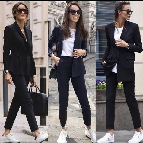 Formal Sport Mujer, Black Suit White Sneakers, Psychologist Outfit Professional Women, Psychologist Outfit, Sneakers Outfit Work, Style Année 80, Famous Outfits, Business Outfits Women, Casual Chique