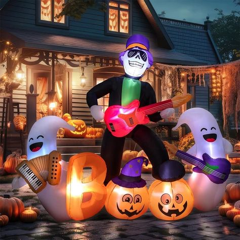 Halloween Blow Up Inflatable Decoration: This inflatable appearance is a ghost band, designed with skeleton, white ghosts and other musical instrument elements, and displayed with BOO pumpkin. Exterior Halloween Decorations, Funny Halloween Decorations, Musical Elements, Halloween Blow Ups, Halloween Outdoor Decoration, Pumpkin Scary, Skeleton Ghost, Scary Skeleton, Ghost Party