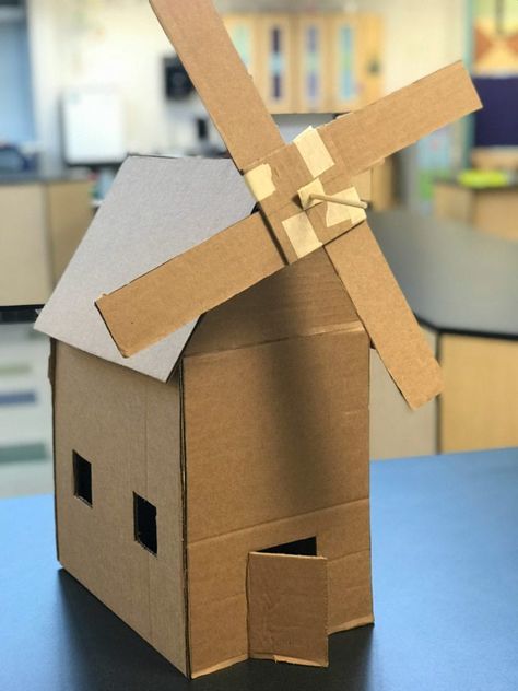 Here's What Happens When You Give Kids a Pile of Cardboard Cardboard Windmill, Windmill Crafts, Windmill Craft, How To Make Windmill, Easy Science Fair Projects, Cardboard Challenge, Recycled House, Stem Elementary, Wind Mill