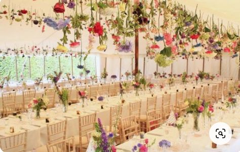 Hanging Floral Installations in Your Marquee | Emily Andrew Events Banquet Style Wedding Reception, Hanging Flower Stems, Batanes Wedding, Wedding Centerpieces Diy Mason Jars, Marquee Design, Marquee Wedding Decoration, Hanging Floral Installation, Hanging Flowers Wedding, Marquee Decoration