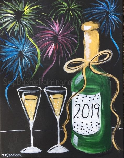 Description of this tutorial:  Ring in the New Year with this black canvas painting of a bubbly champagne bottle or Sparkling Apple Cider with two glasses and fireworks in the background! You’ll enjoy how quick and easy this painting is. All you need is a black canvas (hint I painted over one of my “mess … Continue reading "How To Paint New Years Bubbly & Fireworks" New Year Painting Ideas, New Year Painting, Canvas Tutorial, Black Canvas Paintings, Acrylic Tutorials, Paint Flowers, Christmas Paintings On Canvas, Canvas Art Projects, Canvas Painting Tutorials