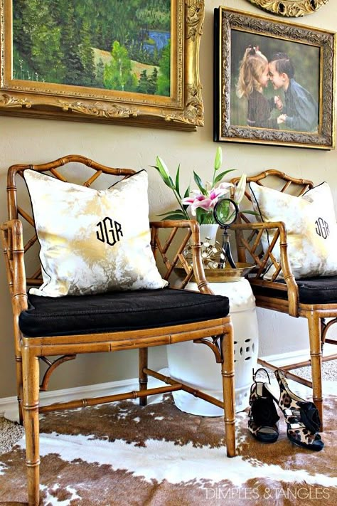 CHINESE CHIPPENDALE CHAIRS WITH PAINTED SEAT CUSHIONS Chinese Chippendale Chairs, Bamboo Chairs, Bamboo Ideas, Chippendale Chairs, Chinese Chippendale, Bamboo Chair, British Colonial Style, Funky Home Decor, Bamboo Furniture