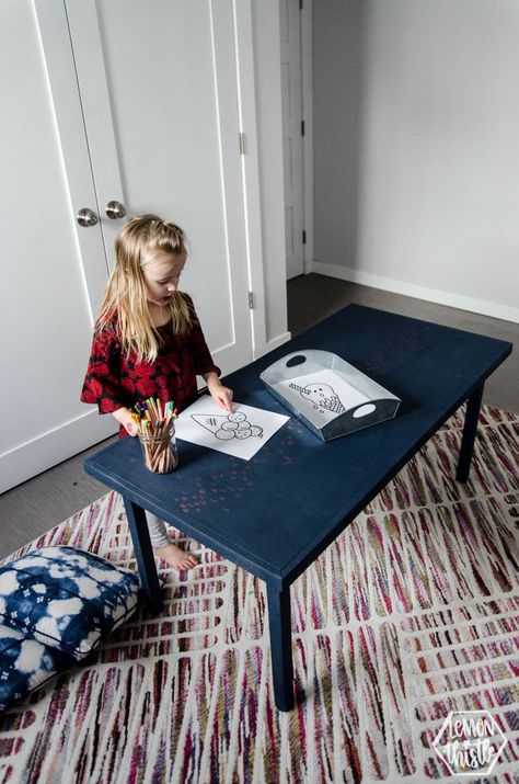 This navy table is such a great piece for a kids play room! Kids Room Table, Diy Kids Table, Navy Table, Kids Play Table, Using A Paint Sprayer, Next Furniture, Blogger Home, Modern Kids Bedroom, Things To Keep In Mind