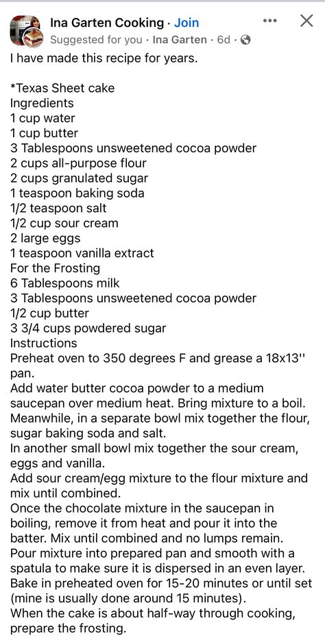 Ina Garten Texas Sheet Cake, Ina Garten Chocolate Cake, Ina Garden, Texas Sheet Cake Recipe, Texas Sheet, Texas Sheet Cake, Garden Cooking, Sheet Cake Recipes, Cake Frosting