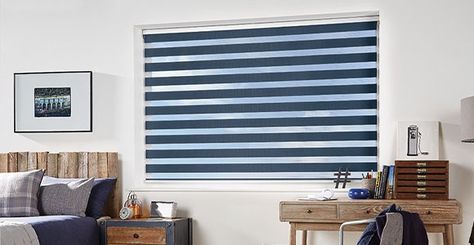 Our range of day and night blinds are made to measure and come in a whole host of colours. Vision Blinds, Window Blinds Ideas, Contemporary Window Treatments, Blinds Ideas, Winter Sunshine, Contemporary Windows, Blue Interior Design, Blue Window, Zebra Blinds