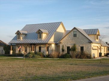 Texas Farm - traditional - exterior - austin - Texas Home Plans Exterior Stone House, House Ranch Style, Stone House Plans, Limestone House, Texas House Plans, Austin Stone, Texas Farmhouse, House Awnings, Ranch House Exterior