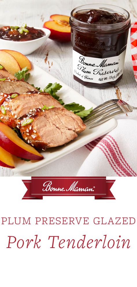 A tasty combination of savory meets sweet, this pork tenderloin is glazed to perfection with a delicious homemade sauce made using your favorite Bonne Maman Plum Preserves! Bonne Maman Plum Glazed Pork Tenderloin: 5 tbsp Bonne Maman Plum Preserves 1 Red Plum, diced 3 tablespoons balsamic vinegar 3 tablespoons honey 3 green onion stalks (garnish option) Sesame seeds (garnish option) Pork Tenderloin: 1.5- 2lb Boneless pork tenderloin Salt and pepper 2 tbsp olive oil Plum Balsamic Glaze Recipe, Pork Tenderloin Fig Jam, Spiced Plum Jelly Recipe, Plum Jam Recipe With Pectin, Damson Plum Jam, Sure Jell Plum Jam, Plum Preserves, Plum Chutney, Balsamic Glaze Recipes