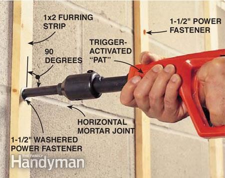 installing furring strips Basement Finish, Concrete Anchors, Stripped Wall, Basement Reno, Concrete Block, Basement Walls, Water Solutions, Construction Adhesive, Family Handyman