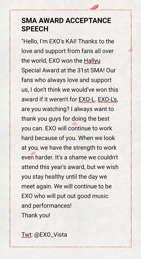 KAI ACCEPTANCE AWARD SPEECH ON BEHALF OF EXO😭😭❤️HE IS SUCH A SWEETHEART cr. @EXO_Vista @weareoneEXO Award Acceptance Speech, Award Speech, Acceptance Speech, Exo Kai, Article Writing, Look At You, Work Hard, Exo, Writing