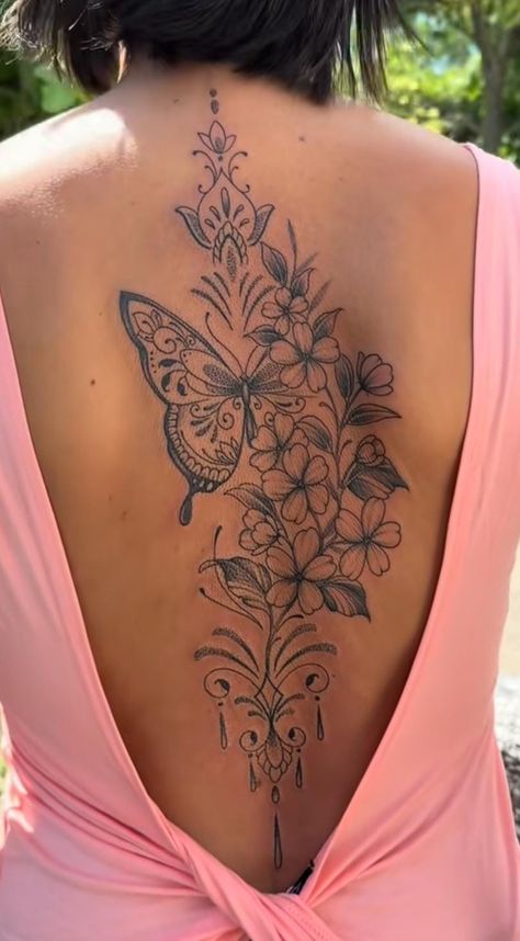 Mandala Tattoo On Back For Women, Back Tattoo Ideas Women, Ladies Back Tattoo, Back Tattoo Women Spine Unique Butterfly, Back Tattoo Women Butterfly Spine, Spinal Tattoo With Butterflies, Female Back Tattoos Full, Large Butterfly Back Tattoo, Feminine Back Tattoos Spine