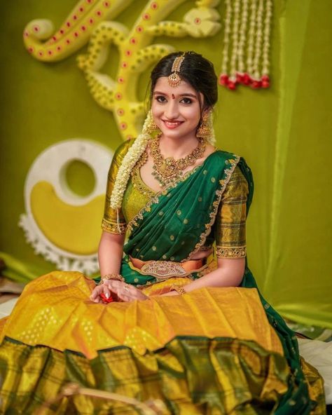 Half Saree Function, Haldi Outfits, Latest Bridal Blouse Designs, Haldi Outfit, Bridal Sarees South Indian, Half Saree Lehenga, Wedding Saree Blouse Designs, Lehenga Designs Simple, Traditional Blouse Designs