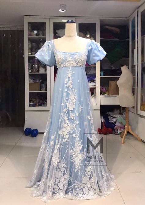 Regency Walking Dress, Bridgerton Blue Dress, Bridgerton Inspired Dresses, 1810s Dress, Bridgerton Blue, Regency Ball Gown, Bridgerton Costumes, Bridgerton Dresses, Blue Gown Dress