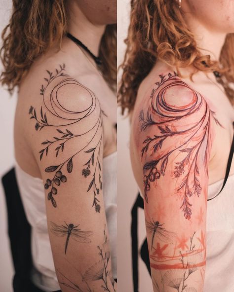 Vlada - tattoo artist & just a human being ✨ (@aestet.ink) • Instagram photos and videos Fine Art Tattoo Sleeve, Vlada Tattoo, Full Body Wrap Around Tattoo, Woman Leg Tattoo Ideas, Art Nouveau Tattoo Back, Tattoos For Artists, Unique Arm Tattoos, Artistic Tattoos, Art Nouveau Shoulder Tattoo