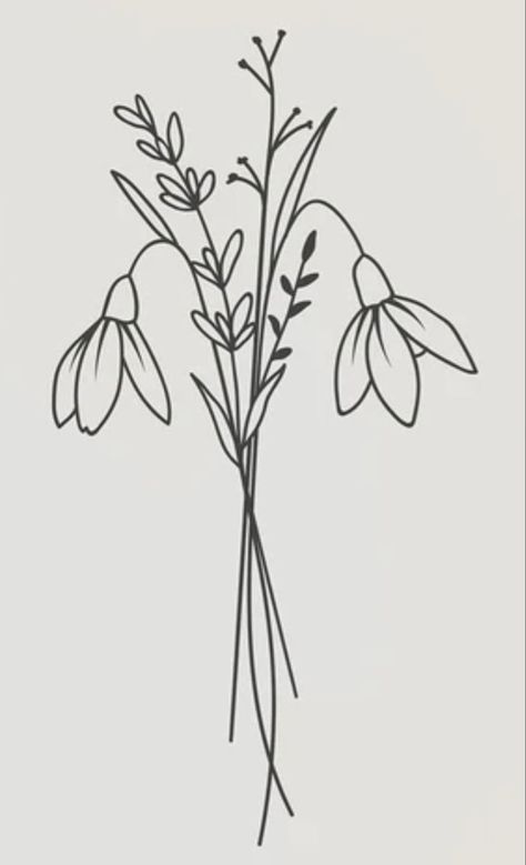 Snowdrop And Rose Flower Tattoo, Snow Drop Line Drawing, Snowdrop Flowers Tattoo, Flowers In Vase Tattoo Simple, Snowdrop Back Tattoo, Snow Drop Flower Tattoo Design, Snowdrop And Rose Tattoo, Simple Snowdrop Tattoo, Snowdrop Line Drawing