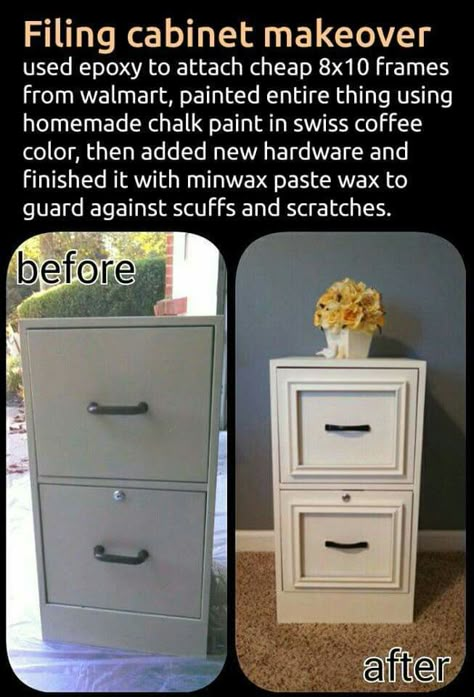 Filing Cabinet Makeover! Super Easy & looks Great! Filing Cabinet Makeover, File Cabinet Makeover, Homemade Chalk Paint, Filing Cabinets, Cabinet Makeover, Office Crafts, Furniture Hacks, Diy Desk, Redo Furniture