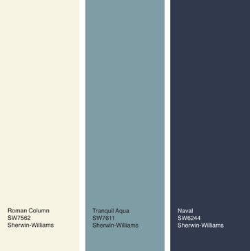 Here’s a more dramatic palette that would be elegant in a bedroom, living room or screened-in porch. Use the deep navy as a small accent only, unless the room is flooded with natural light. From left to right: Roman Column, Tranquil Aqua and Naval, all from Sherwin-Williams. Craftsman Houses, Kids Bedroom Remodel, Cheap House, Color Of The Week, Small Bedroom Remodel, Roman Columns, Pintura Exterior, Log House, Bedroom Remodel