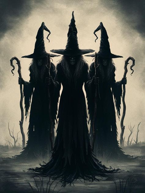 Step into the eerie magic of Halloween with this stunning "Dark Witch Trio" digital art print. Perfect for those who love the mystical and the macabre, this high-resolution artwork captures the haunting beauty of three shadowy witches standing in a foggy, desolate landscape. Their tattered robes and menacing stares invoke a chilling atmosphere, making this piece a perfect addition to your Halloween decor, gothic space, or witchy altar. Designed to make an impact, this artwork is guaranteed to ca Three Witches Art, Dark Witch Art, Witch Aesthetic Halloween, Witch Drawings, Halloween Witch Art, Witch Artwork, Witchy Altar, 3 Witches, Desolate Landscape