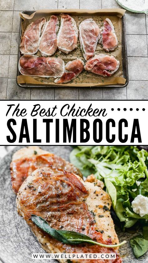 Chicken cutlets topped with crisp prosciutto and sage in a white wine butter sauce, chicken saltimbocca is an Italian restaurant favorite that's easy to make! Soup Protein, Chicken Saltimbocca Recipe, Chicken White Wine Sauce, Wine Butter Sauce, Saltimbocca Recipe, White Wine Butter Sauce, Boneless Skinless Chicken Breast Recipes, Skinless Chicken Breast Recipes, White Wine Chicken