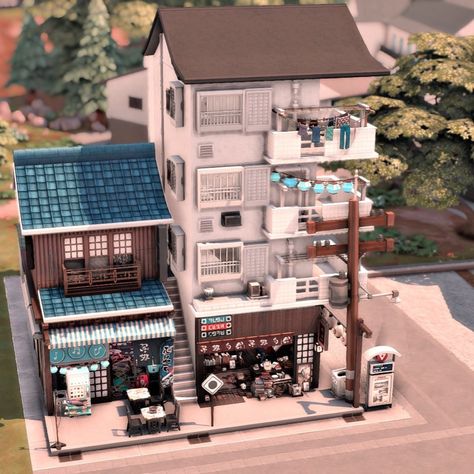 Asian Inspired Street - Screenshots - The Sims 4 Rooms / Lots - CurseForge Asian Apartment Building, Sims 4 Mt Komorebi Builds, Japanese Apartment Building, Sims 4 Inspiration, Sims 4 Japanese House, Sims 4 Rooms, Mt Komorebi, Lotes The Sims 4, Preppy House