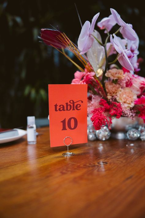 retro table numbers #DTLAwedding #colorfulweddingplanner #losangelesweddingplanner Table Numbers Wedding Colorful, Retro Table Numbers Wedding, Retro Wedding Seating Chart, Retro Table Numbers, Retro Seating Chart, November Elopement, Unique Wedding Table Numbers, Table Number Design, Wedding Table Number Ideas