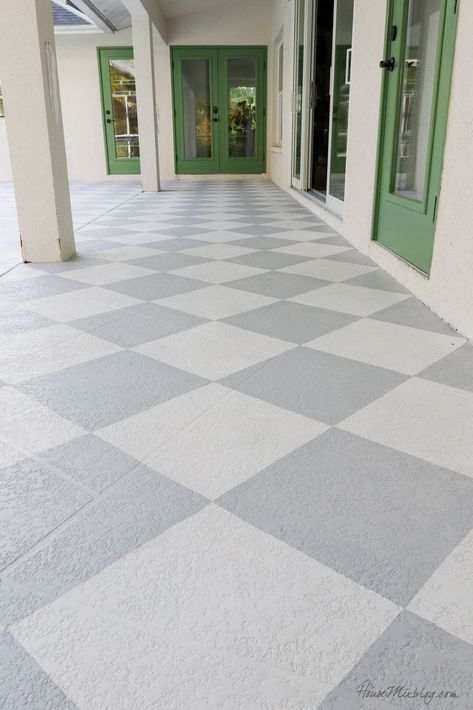 Painting Concrete Floors Outdoor, Painted Back Porch Concrete, Painted Outdoor Patio, Checkerboard Painted Concrete, Painting A Concrete Patio, Paint Outdoor Concrete Patio, Diamond Pattern Concrete Patio, Painted Checkerboard Floor Porch, Checkerboard Patio Floor