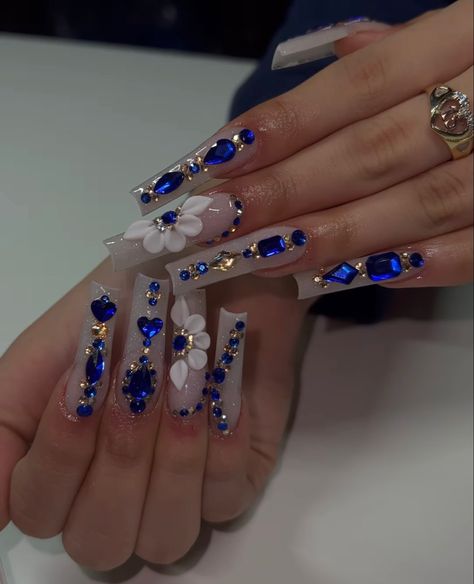 Xv Nails, Blue Diamond Nails, Prom 2k24, Royal Blue Quince, Blue Prom Nails, Quince Nails, Blue And Silver Nails, Quinceanera Nails, Blue And White Nails