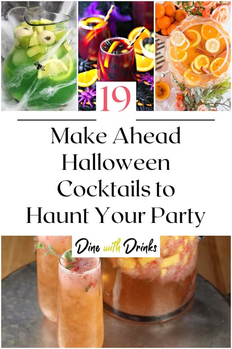 Collage of 4 make ahead halloween cocktails. Cocktails For Halloween Party, Fun Easy Halloween Cocktails, Summerween Party Drinks, Halloween Party Cocktails Punch, Easy Halloween Party Drinks Alcohol, Halloween Cocktail For A Crowd, Fun Halloween Cocktail Recipes, Halloween Party Batch Cocktails, Halloween Drinks For A Crowd Alcoholic