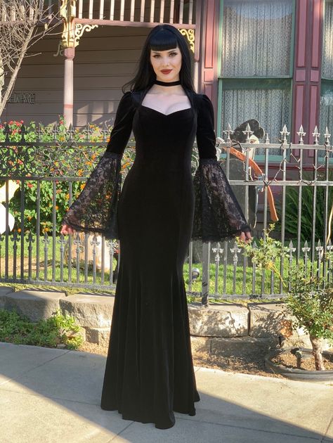 Black Velvet Dark Queen Morticia Addams Gothic Victorian Dress . DevilNight.co.uk | We Ship Worldwide  #morticiaaddams#alternativedress#gothicvictorian #gothicdress #maxidress #victorian #victoriandress #gothicfashion #gothicfantasy #morticiaaddamsdress Goth Black Velvet Dress, Black Velvet Gothic Dress, Morticia Inspired Dress, Gothic Gala Dress, Gothic Black Dress Long, Long Black Dress Morticia, Morticia Addams Outfit Ideas, Black Velvet Wedding Dress, Gothic Long Dress