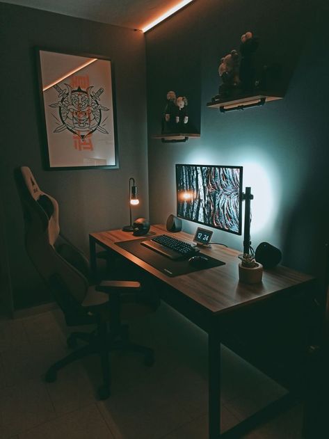 Gamer Office Setup, Minimal Gaming Room, Minimal Game Room, Game Room Design Small Space, Working From Home Setup, Small Bedroom Desk Setup, Minimal Gaming Setup, Gamer Setup Ideas, Small Gaming Room