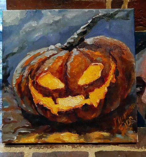 Oil canvas 30*30 cm #pumpkinhead #helloween #halloween Cute Autumn Paintings, Oil Pastel Halloween Art, Painting Of Pumpkins, Pumpkin Oil Painting, Halloween Oil Pastel Art, Fall Oil Pastel Art, Gouache Halloween, Simple Winter Painting, Halloween Oil Painting