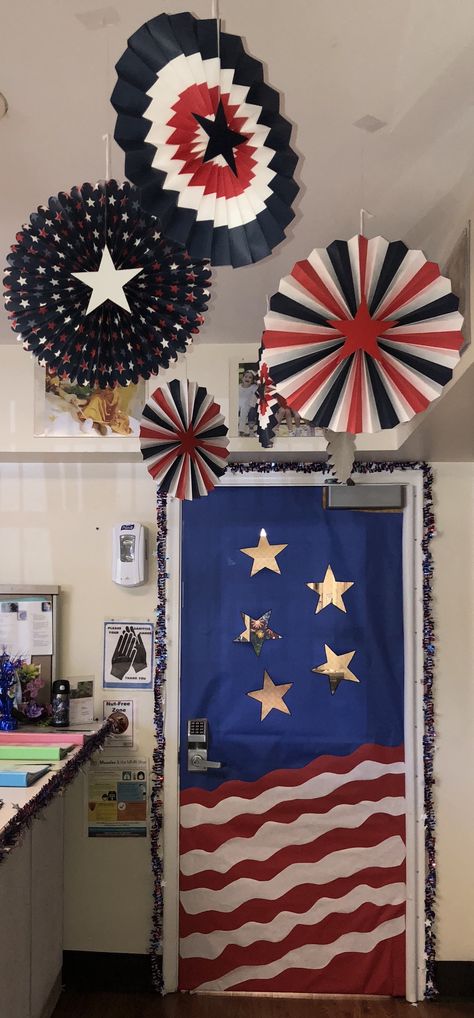 USA Theme Classroom Door America Classroom Theme, Forth Of July Door Decorations Classroom, Usa Theme Classroom, Fourth Of July Classroom Door Ideas, Fourth Of July Door Decorations Daycare, Usa Classroom Theme, Americana Classroom Theme, Red White Blue Classroom, Patriotic Classroom Theme