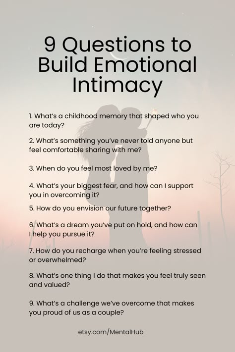 10 Questions to Build Emotional Intimacy Questions To Build Relationships, Healthy Relationship Questions, Questions To Increase Emotional Intimacy, Couple Therapy Questions, Questions To Build Intimacy, Intimacy Building Activities, Emotional Questions, Fun Relationship Questions, Relationships Questions