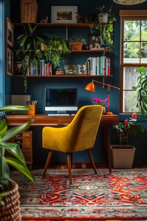 Mid-century Modern Home Office: Stylish Productivity Midcentury Home Office Design, Mid Century Academia, Mid Century Modern Office Interior, Fun Office Interior, Mid Century Modern Therapy Office, Mid Century Modern Craft Room, Funky Office Ideas, Mid Century Modern Workspace, Mid Century Boho Office