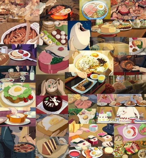 Studio Ghibli Food, Disney Movie Themed Dinner, Ghibli Food, Food Collage, Ghibli Artwork, Cute Food Art, Dinner Themes, Japan Art, Film Aesthetic