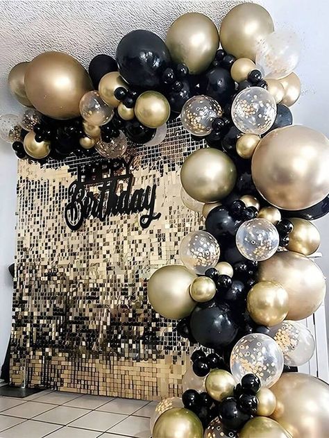 123pcs Black Golden Balloon Garland Arch Kit Gold Confetti Latex Ballon For Wedding Birthday Anniversary Party Decoration | SHEIN USA Black Golden Silver Balloon Decoration, Golden Balloon Arch, Black And Gold Bday Party Decor, Golden Themed Birthday Party, Black And Golden Birthday Decoration, Golden Balloon Decoration, Baloon Garland, Bday Decoration, Birthday Wear