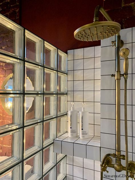 Glass Block Shower, Bathroom Brass, Dark Bathroom, Dark Bathrooms, Paint And Paper Library, Shower Glass, Paint Paper, Glass Brick, Brass Shower