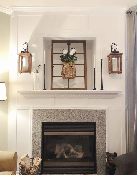 Fireplace and mantle decor. How you can repurpose your TV inlet above the fireplace! #rustic #modern #farmhouse #simple #mantle #boardandbatton Fireplace Cutout Decor, Tv Hole Above Fireplace Ideas, Alcove Above Fireplace, Tv Alcove Above Fireplace, Fireplace Niche Decor, Fireplace Niche Ideas, Shelf Above Fireplace, Niche Above Fireplace, Tv Nook Makeover