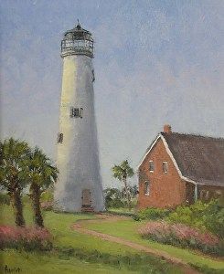 Cape St George Light by Linda Apriletti Oil ~ 12" x 10" Ocracoke Lighthouse, Ocracoke Island, The Outer Banks, 11x14 Frame, Photography Classes, White Mat, Artist Websites, Outer Banks, Lighthouse