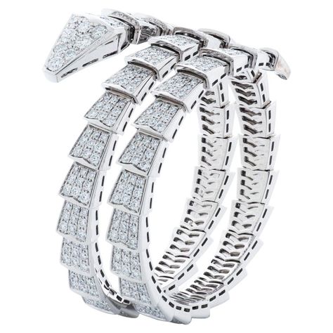 Bulgari Double Coil Diamond Serpenti Viper Bracelet in 18k White Gold | From a unique collection of vintage Bangles at https://www.1stdibs.com/jewelry/bracelets/bangles/. Serpenti Viper Bracelet, Bulgari Jewelry, Vintage Bangles, Snake Bracelet, Dope Jewelry, Arm Candy, Round Brilliant Cut Diamond, Pave Diamonds, Bangle Bracelet