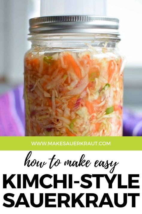 This Kimchi style sauerkraut recipe is fun to make with its many flavors. Korean red pepper powder – Gochugaru – adds heat with ginger and garlic in the background. Why I love this recipe? It connects me to cultures around the world where traditionally fermented foods are still a part of their everyday lifestyle. Find tips and tricks on how to make this fermented vegetable dish based on the popular spicy Korean cuisine. Available printable PDF version. #paleo #vegetarian #guthealth Spicy Sauerkraut Recipes, Saurkraut Recipes Homemade, Fermenting Sauerkraut, Making Vinegar, Easy Sauerkraut, Easy Sauerkraut Recipe, Traditional Kimchi, Sauerkraut Meals, Kimchi Recipes