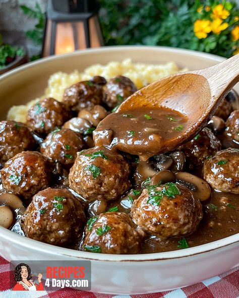 Potato Gratin Salisbury Steak Meatballs And Mushroom Gravy, Meatballs Mushroom Gravy, Salisbury Meatballs, Meatballs With Mushroom Gravy, Salisbury Steak Crockpot, Salisbury Steak Meatballs, Savory Meatballs, Crockpot Steak, Meatballs And Gravy