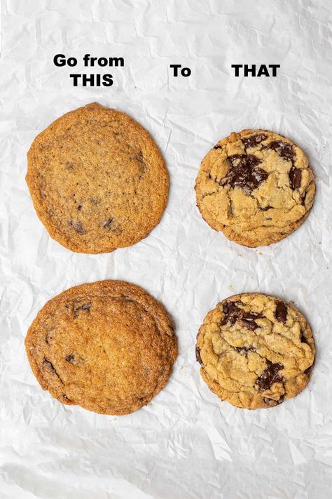 Cookie Mistake Chart, Flat Cookies What Causes, Why Are My Cookies Flat, Flat Cookies, Spatula Desserts, Nestle Chocolate Chip Cookies, Thick Cookies, Cookie Tips, Giant Cookies