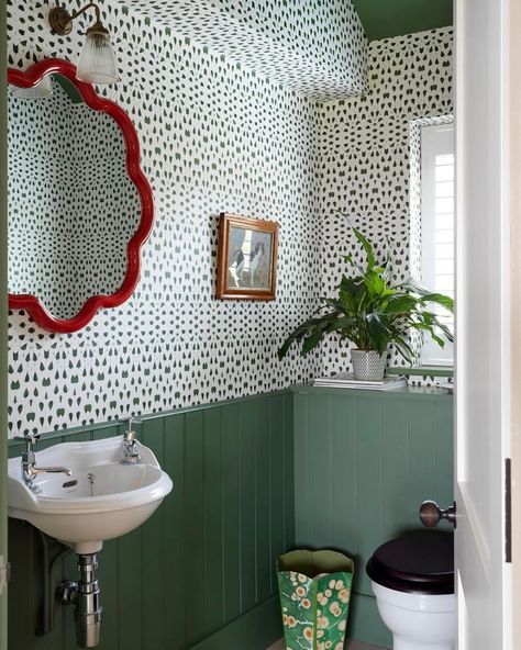 Cloakrooms - They should be fun, interesting and bold, balanced with classic and timeless so in keeping with the rest of the home. There are not too many components involved in fully renovating a cloakroom so it’s always a great place to start exploring your interior creativity. Here are some beautiful schemes for inspiration. . . . . . . . Cloakroom inspiration credited to: @salacia.gb @claire.totman.designs @kellingdesign @olivine_design @mikegarlickdes @hill.home.design_ @milkandhoneylif... Downstairs Toilet Ideas Wallpaper, Green Cloakroom, Downstairs Toilet Ideas Quirky, Small Wc Ideas Downstairs Loo, Wallpaper Toilet, Cloakroom Toilet, Downstairs Cloakroom, Scalloped Mirror, Garden Magazine