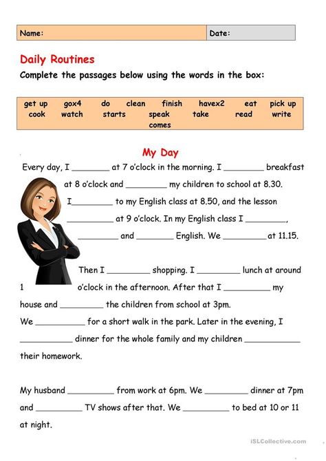 Daily Routines - English ESL Worksheets for distance learning and physical classrooms Esl Daily Routines, Daily Routine For Adults, Teaching Adults English, English Worksheets For Beginners, Daily Routine Vocabulary English, Daily Routine Activities Worksheets, Elementary English Worksheets, English Beginner Worksheets, English For Adults Beginners