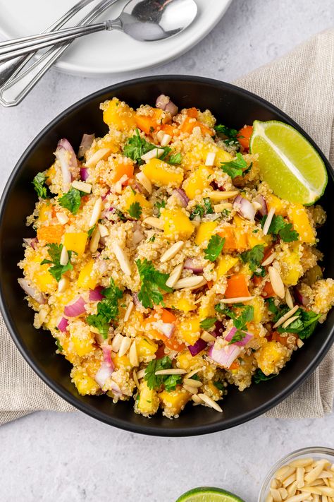 Mango Pineapple Quinoa Salad | Liv Gluten-Free Pineapple Quinoa Salad, Pineapple Quinoa, Mango Quinoa Salad, Pineapple Salad, Gluten Free Sides, Mango Pineapple, Savory Salads, Mango Salad, Veggie Salad