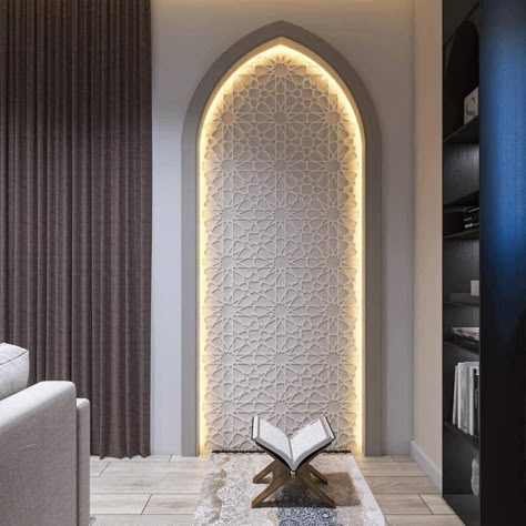 Salah Corner, Surau Design, Meditation Room Decor Spiritual, Interior Masjid, Dekorasi Maroko, Altar Setup, Prayer Room Decor, Room Decor Spiritual, Modern Arabic Interior