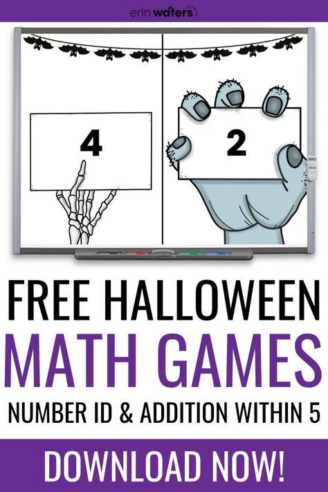 Looking for no-prep Halloween math games you can add to your math lessons this October? Grab these FREE Halloween math games for kindergarten, 1st grade, and 2nd grade students. Students get to work on number ID and addition to 5. The fun Halloween-themed math games can also be played during your Halloween classroom party. Download your FREE Halloween math games today! Halloween Games For First Grade, Math Games For Kindergarten, 2nd Grade Math Games, Halloween Math Games, Halloween Math Centers, Games For Kindergarten, Interactive Math Journals, Cvc Word Activities, Kindergarten Math Games