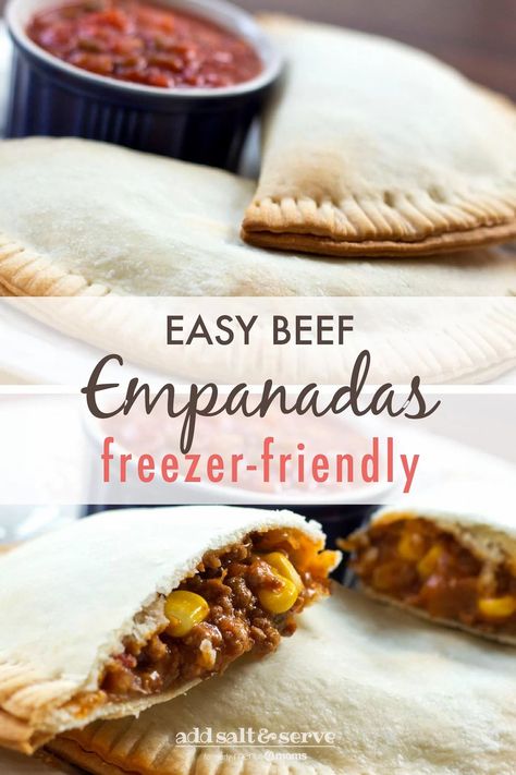 Easy Beef Empanadas make it look like you spent all day in the kitchen but are easy and delicious. With cooked ground beef from your freezer and pre-made pie crusts, this recipe for baked empanadas can make a great family dinner or even be cooked a few at a time in a toaster oven for a smaller meal.They make a great freezer meal, so make extra to freeze! #beefempanadas #addsaltandserve Easy Beef Empanadas, Baked Empanadas, Beef Empanadas Recipe, Fast Easy Dinner, Beef Pies, Empanada Recipe, Beef Empanadas, American Recipes, Empanadas Recipe