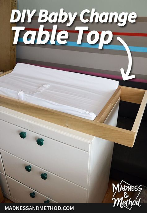 Using just a few pieces of wood, I built my own DIY baby change table top. It can easily be customized for any dresser, and costs way less than buying one! Making A Changing Table Out Of A Dresser, Changing Table Box For Dresser, Dresser Changing Table Diy, Diy Changing Table Topper, Diaper Changing Dresser, Diy Dresser Changing Table, Diy Change Table, Dresser Into Changing Table, Dresser To Changing Table