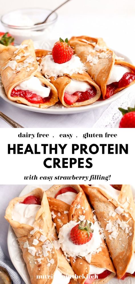 Learn how to make a healthy protein crepes recipe that is easy, dairy free, gluten free, and packed with protein from vegan (plant-based) protein powder and egg whites. With a delicious strawberry filling and coconut whipped cream you’ll make this again and again! Protein Powder Crepes, Protein Crepes Healthy, Healthy Crepe Filling, Easy Egg White Recipes, Healthy Crepes Recipe, High Protein Crepes, Healthy Crepe Recipe, Protein Crepes Recipe, Healthy Crepe Recipes